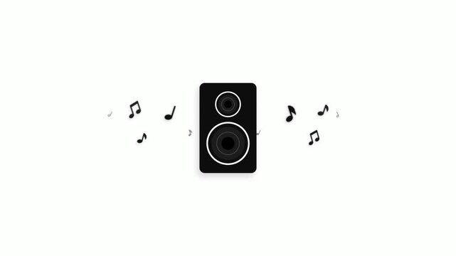 Black speaker icon with animated musical notes on white background. 4K Video