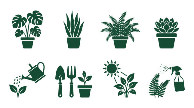 Set of dark green houseplant icons and gardening equipment illustrations.