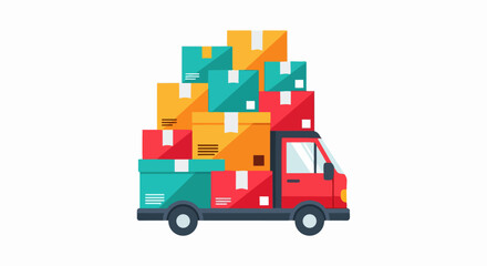 Fototapeta premium Delivery Truck Loaded with Large Stack of Colorful Boxes, Logistics and E-commerce Shipping Concept Illustration