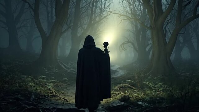 Cloaked figure with lantern walking through spooky dark forest