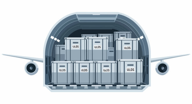Cargo Aircraft Cross Section with Unit Load Device (ULD) Containers for Logistics, Air Freight, and Global Supply Chain Illustration