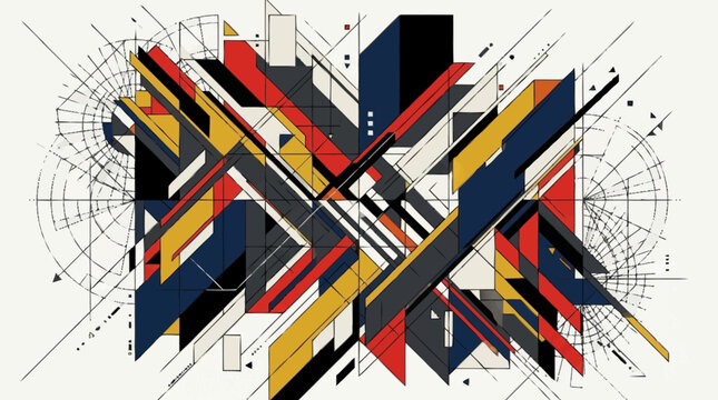Abstract geometric composition with sharp lines and vibrant colors.