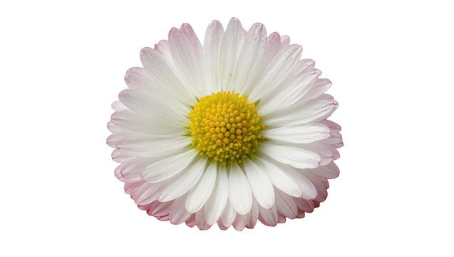 Isolated delicate white and pink daisy flower head, fresh spring blossom, yellow center.