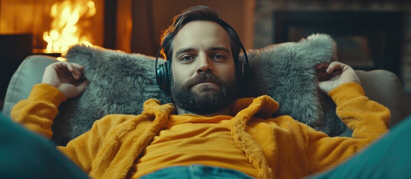 Cozy Bearded Man in Fuzzy Yellow Jacket and Headphones Lounging by a Warm Fireplace, Immersed in Music