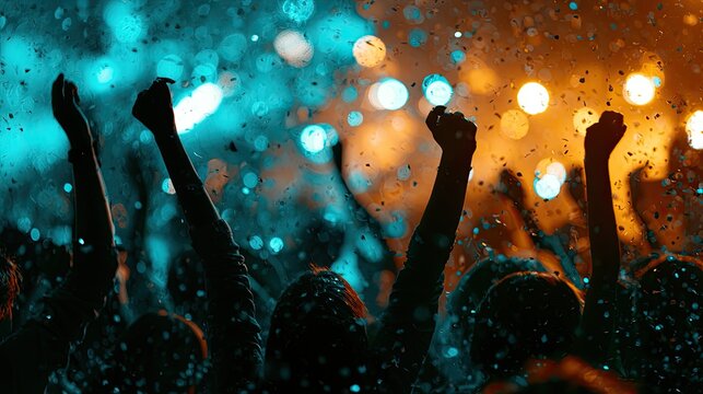 Crowd with hands raised at a vibrant concert with colorful bokeh lights