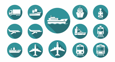 Fototapeta premium Global Logistics and Transportation Icon Set - Flat Design Vector Illustrations for Shipping, Freight, and Cargo