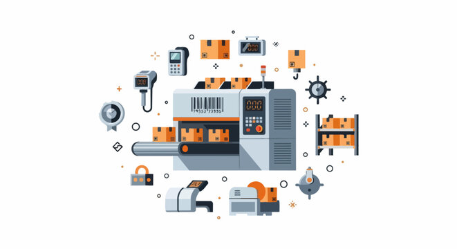 Automated Logistics and Warehouse Management Concept Illustration with Conveyor Belt, Barcode Scanning, and Distribution Center Equipment in Flat Vector Style
