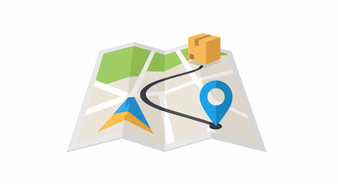 Delivery Tracking Map Icon with Parcel and Location Pin Vector. Isometric concept of logistics, shipping route, and GPS navigation for e-commerce and courier services.