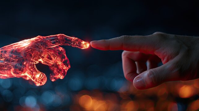 A human finger touches a glowing, fiery robotic hand