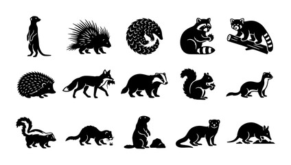 Fototapeta premium Black silhouette forest animal icons, set of 15 wildlife creature vector illustrations, minimalist woodland fauna graphics for nature branding