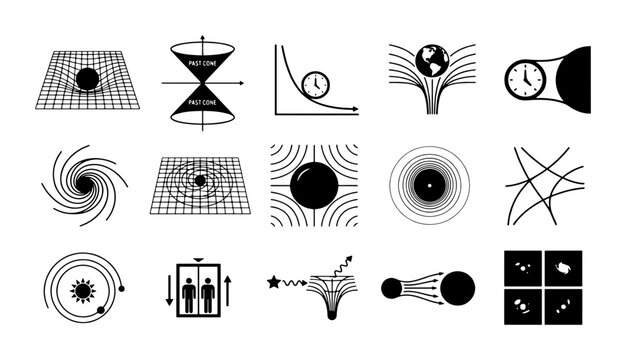 Theoretical physics icons set, 15 black and white vector symbols of relativity and spacetime, quantum mechanics and gravity diagrams for education