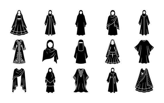 Muslim women traditional clothing icons, 15 black silhouette abaya and hijab vector set, modest middle eastern fashion apparel for women