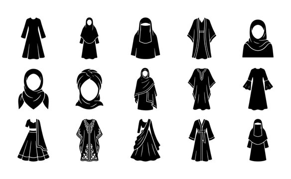 Islamic clothing icons set, traditional Muslim fashion silhouettes, black abaya and hijab vector collection, modest female apparel graphics