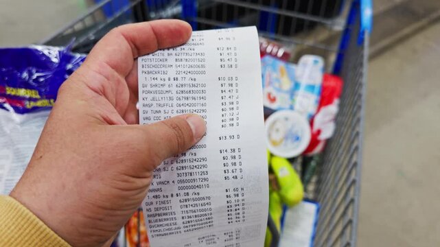A hand holds a long receipt while standing by a shopping cart full of groceries. The receipt details the items and total cost at the store