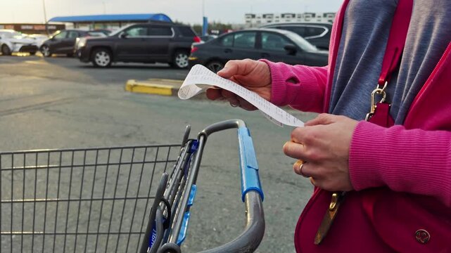 A person holds a shopping list while standing next to a cart in the parking lot of a grocery store during the afternoon. Cars are parked around them