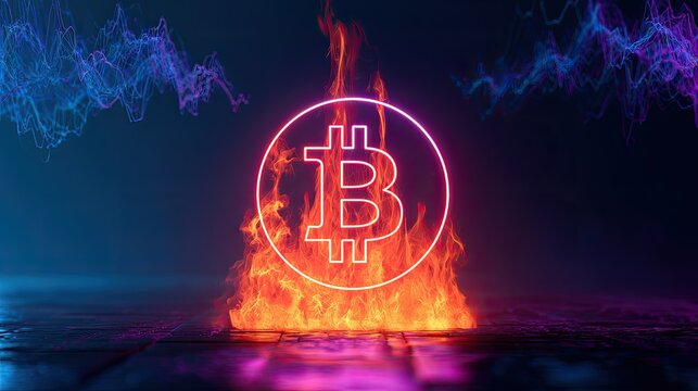 Neon digital currency symbol ablaze in vibrant flames, abstract energy waves