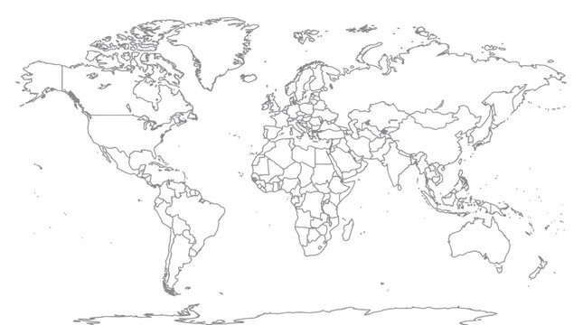 Blank World Map Outline - Continents and Countries Borders - White Background