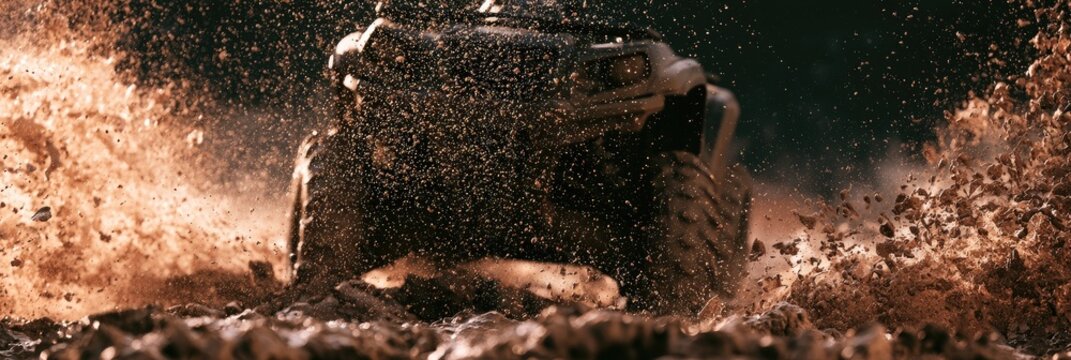 A rugged vehicle churns through a thick, brown mud bath