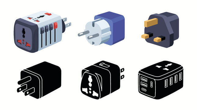 Vector collection featuring different travel adapter designs, universal travel adapter, European adapter, UK adapter, US adapter, international converter, multi-port travel adapter