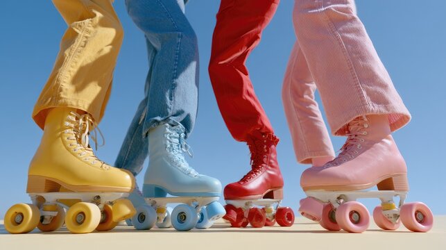 Four people in colorful roller skates and outfits, against a blue sky