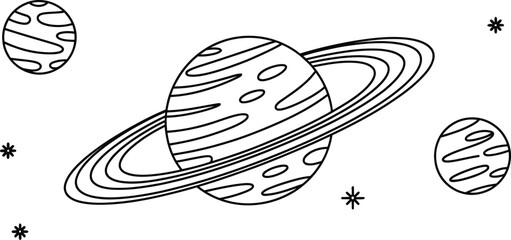 Saturn planet, ringed planet, space illustration, astronomy icons, black and white vector © mafia009