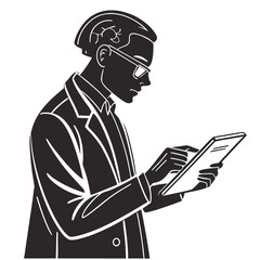 Professional uses a tablet to review technical documentation while wearing modern eyeglasses. © RanaMuhammad