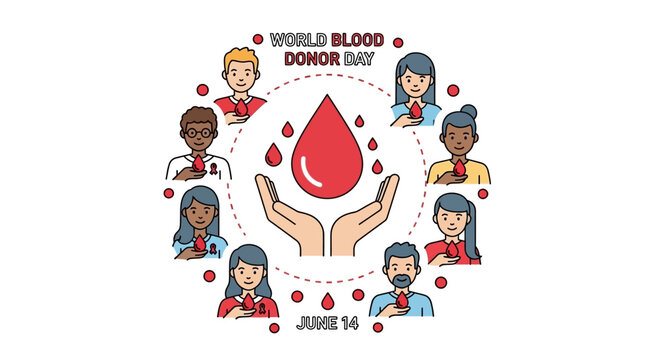 World Blood Donor Day celebrates the selfless act of giving blood with diverse people holding hearts and a large blood