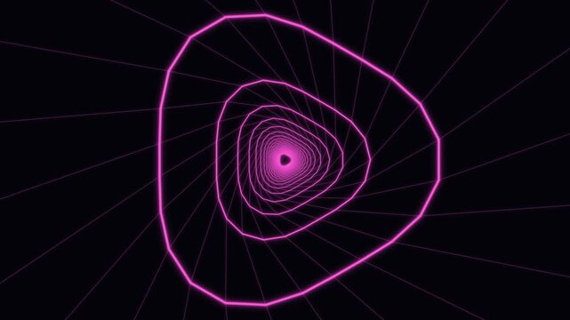 Glowing pink neon wireframe tunnel morphing on black