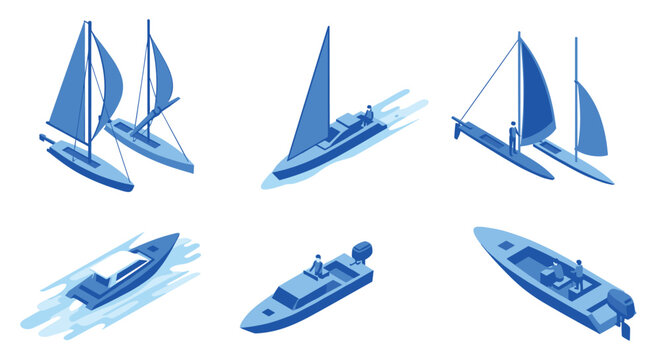 Blue isometric icons representing various types of boats including sailboats, catamarans, and motorboats on water.