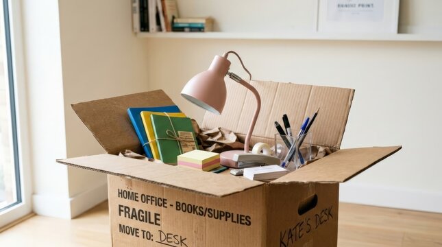 A cardboard box labeled for a home office, Kate's Desk, filled with a pink lamp, colorful notebooks, and stationery, reflecting a personal workspace setup or professional move