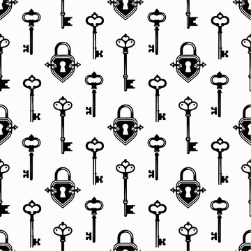 Vintage key and lock pattern classic security symbols in a repeating vector illustration for design and decoration