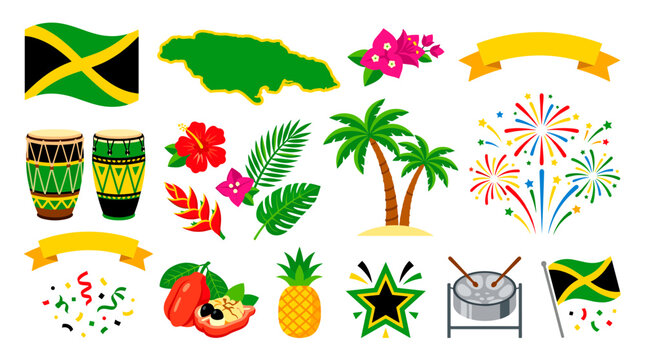 Jamaican culture celebration set featuring national flag map tropical flowers palm trees drums and ackee fruit icons on white background