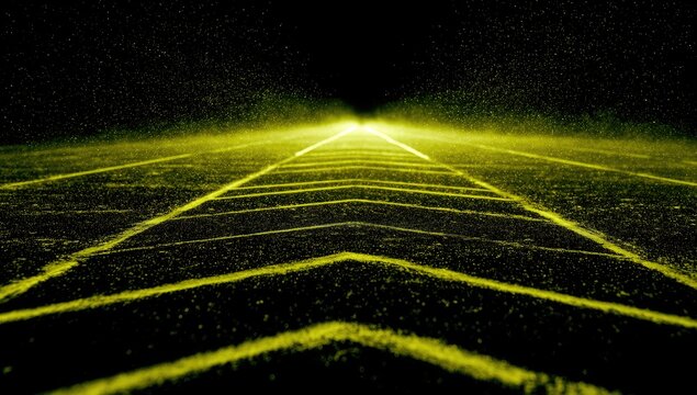 Perspective view of luminous yellow geometric lines on a dark, grainy surface