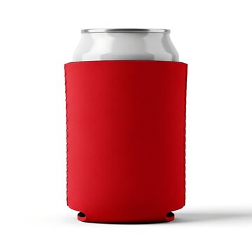 Red foam beverage cooler sleeve for a cold aluminum soda or beer drink can. koozie mockup