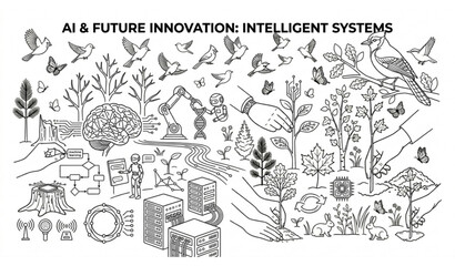 Obraz premium AI, Technology, and Nature Harmony Concept Illustration - Line Art
