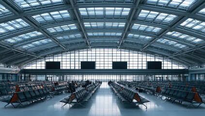 Fototapeta premium Spacious, modern terminal with rows of empty seats under a glass roof
