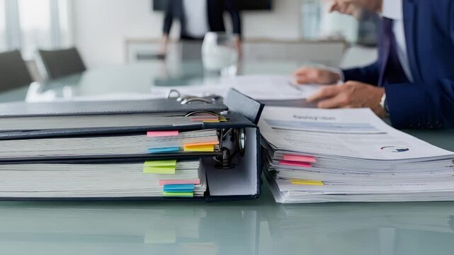 Focused view of policy binders and audit notes on a glass table illustrating comprehensive compliance review amid a blurred office setting.