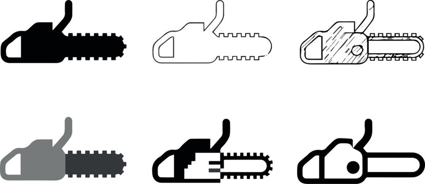 chainsaw icon set various styles vector silhouette outline hatched