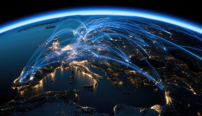 Obraz premium Illuminated global network of light trails over Earth at night