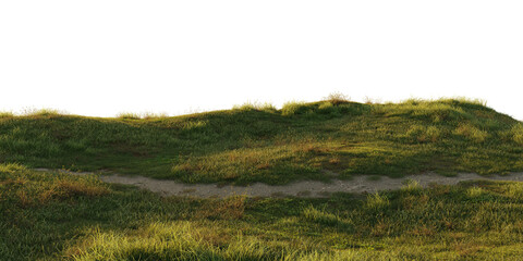 Fototapeta premium Grass hill terrain with worn footpath isolated on transparent background. 3D rendering.