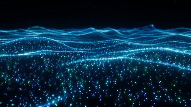 Glowing blue particle waves flowing through dark digital space in this abstract motion animation video clip
