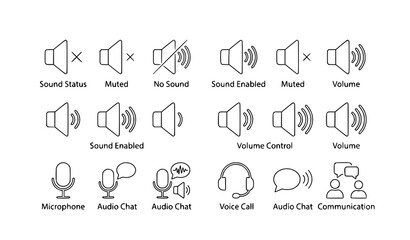 Fototapeta premium Voice communication line art icons with mute and sound symbols