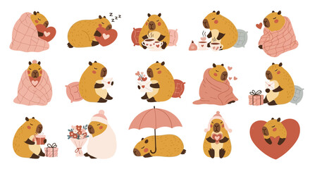 Fototapeta premium Cute Capybara Valentine Day Collection with Hearts and Cozy Elements for Romantic Greeting Card Illustrations