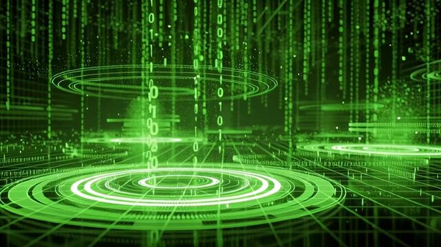 Futuristic green digital data stream with binary code and circular portals for technology and