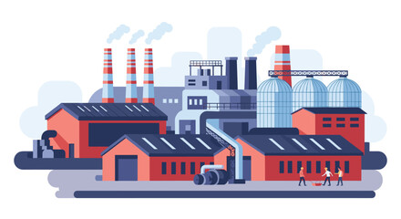 Obraz premium Modern industrial factory complex with red brick warehouses, tall smoking chimneys, and working staff in the yard.