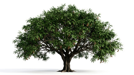 Obraz premium Large Tamarind Tree with Lush Green Foliage and Ripe Fruit Pods Isolated on a White Background