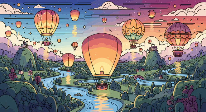 Magical hot air balloon and lantern festival over a fantasy landscape at sunset. Whimsical vector illustration of a river valley, perfect for travel and event concepts.