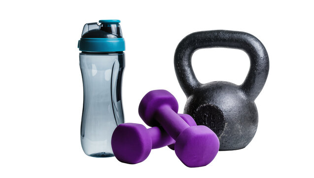 Isolated essential fitness items water bottle, purple dumbbells, and robust black kettlebell