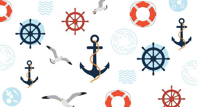 Seamless vector pattern background featuring nautical items like anchors, steering wheels, lifebuoys, and seagulls.