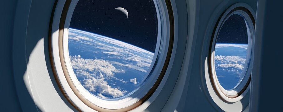 Two oval cabin windows reveal Earth, clouds, moon, and stars in deep space